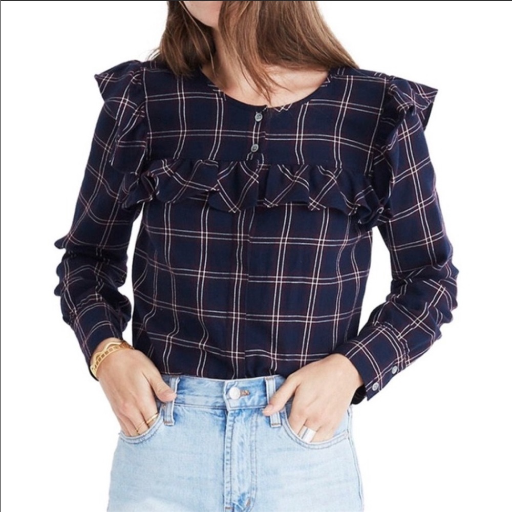 Madewell Navy Plaid Button-Down Ruffle Yoke Top